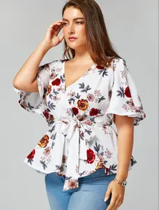 ZH2741G женская блузка плюс размер сексуальный v-образный вырез цветочный принт с расклешенными рукавами поясом свободного покроя с баской блузки blusas feminina 2018