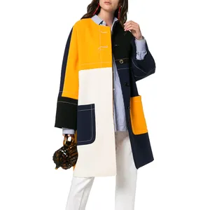 OEM定制高品质女士对比拼接冬季羊毛外套新款时尚女士外套长款外套