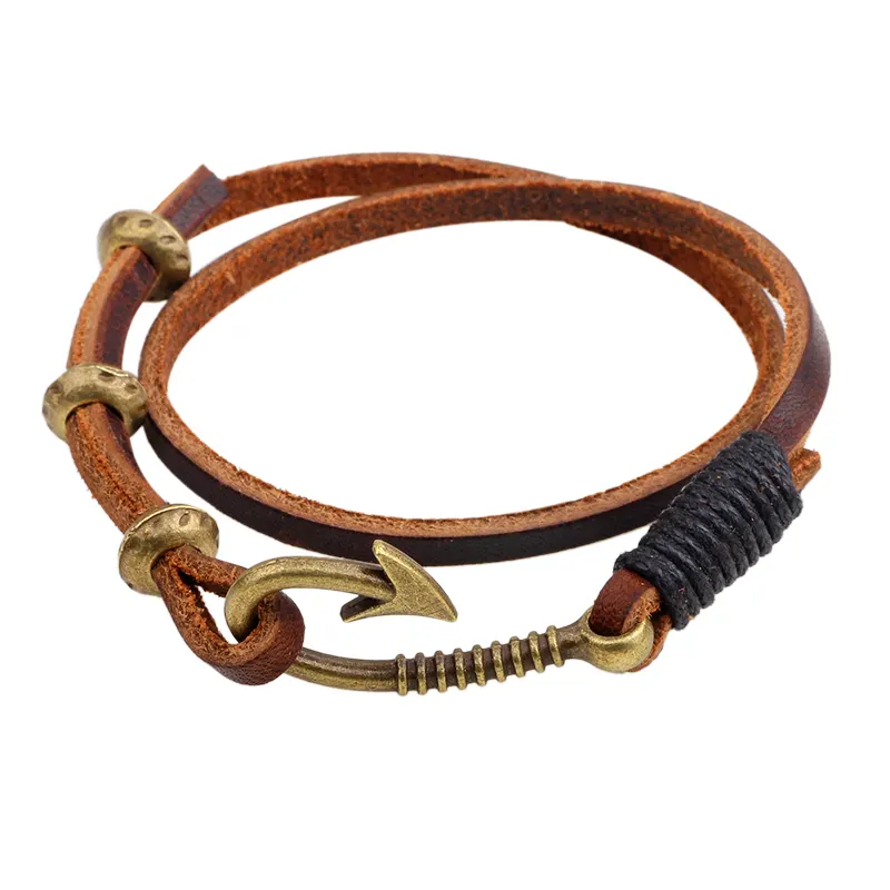 Fashion restoring ancient ways bronze fish-hook design leather women bracelets Handmade Mens Leather Wristbands