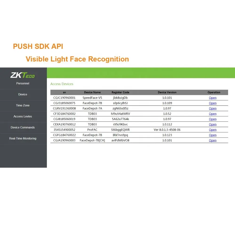 7A 7Bシリーズアクセス制御API用の可視光顔認識API SDK