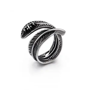 2019 New Design Vintage Silver Feather Ring Stainless Steel Jewelry