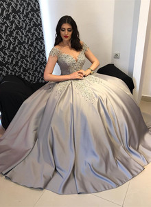 Bling Ball Gown Abito Da Sposa In Raso <span class=keywords><strong>Argento</strong></span> Abito Da Sposa Con Manica - Product Image 2