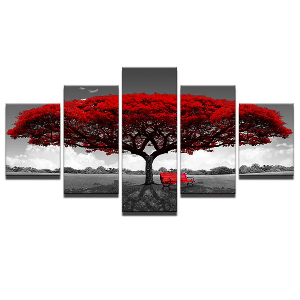 Lienzo impreso en HD de 5 piezas de árbol rojo, cuadro de paisaje moderno, arte de pared, imágenes para decoración del hogar