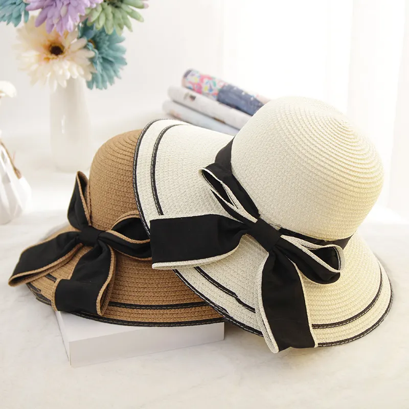 Chapeaux de paille avec grand nœud pour femmes, idéal pour la plage, l'été, vente en gros
