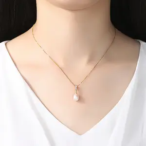 LUOTEEMI-collar con colgante de perla Natural para mujer, joyería de marca de alta calidad, Color dorado de 18K, 8-9mm, plata de ley 925