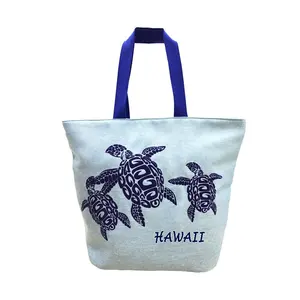 Fashion big size canvas tote bag large capacity hemp beach bag turtle printed cotton handbag