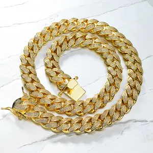 Wholesale bulky 10mm miami iced out 18k plated cz stone chunky cuban chain pure solid gold jewelry necklace