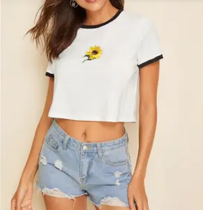 Custom women embroidered sunflower t shirt ringer short blouse summer new ladies top