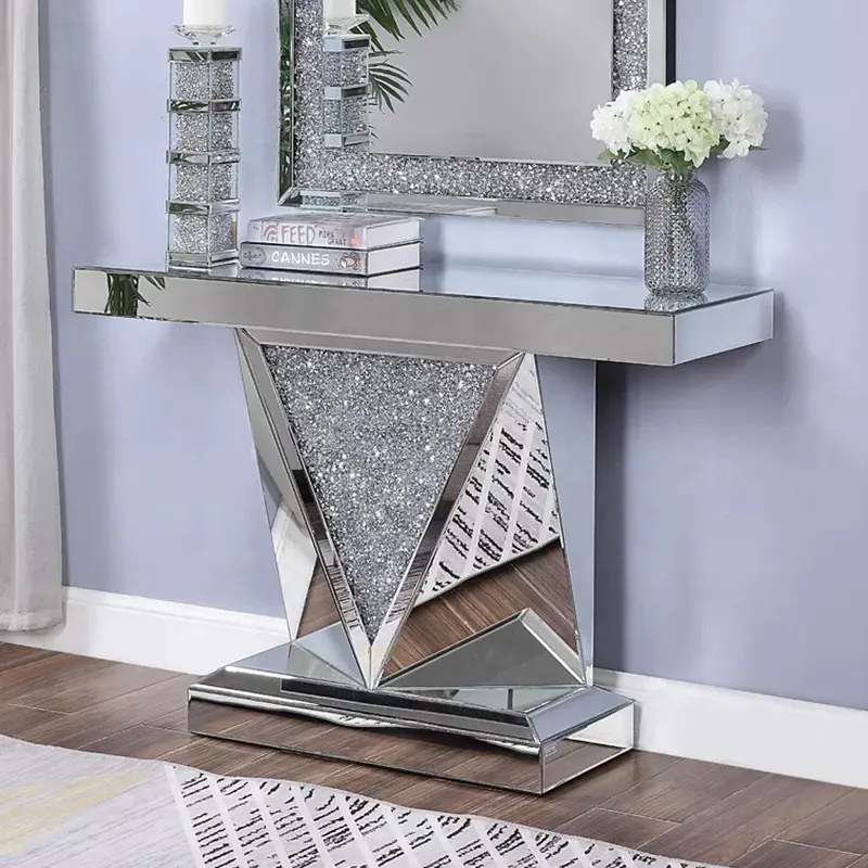 Mesa de consola moderna con espejo, muebles de diamante aplastado, Decoración de mesa con consola de cristal