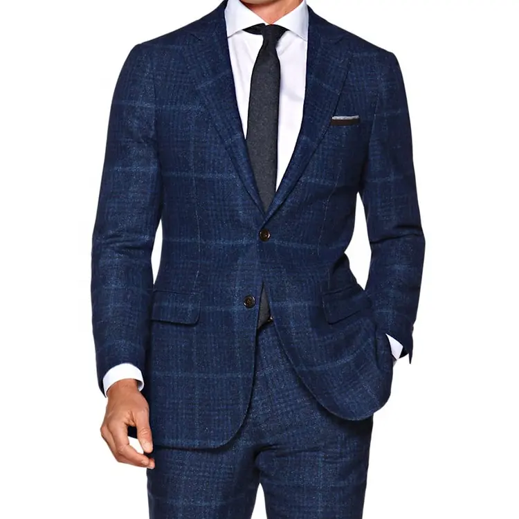 Best welcome big plaid blue elegant suit men's slim fit blazer and trouser 2 piece suit set