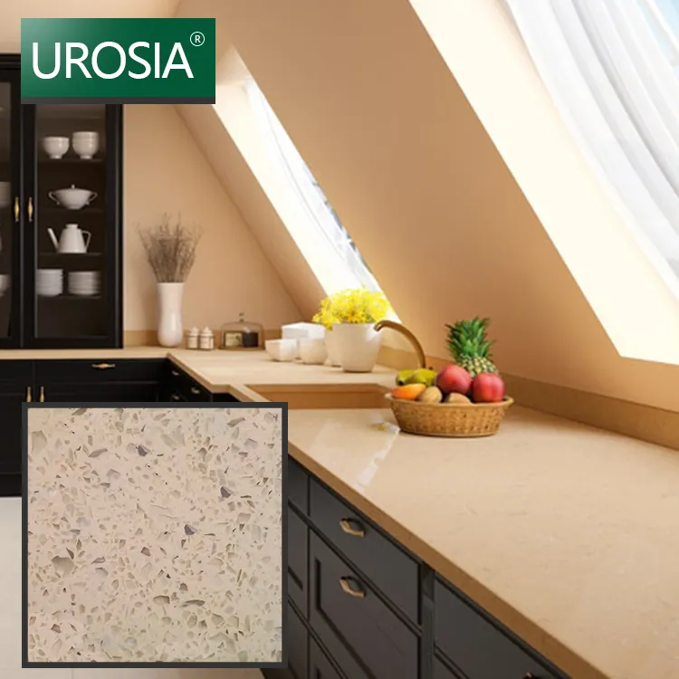 Permukaan Padat untuk Meja Kuarsa Dapur Atas Meja Krem Korea Selatan Meja Lempengan Batu Quartz Berkilau