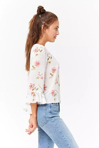 Camicetta Sexy KY in Chiffon <span class=keywords><strong>con</strong></span> Scollo Rotondo, <span class=keywords><strong>Maniche</strong></span> Lunghe <span class=keywords><strong>a</strong></span> Campana, Bottoni sul Retro e Apertura <span class=keywords><strong>a</strong></span> Occhiello, Stampa Floreale Integrale - Product Image 3
