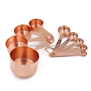 Heavy duty Baking measuring tools 9 piece metal copper plated rose gold stainless steel measuring cups and measuring spoon set