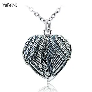 Locket Necklace Antique Wing Jewelry Be Oxidized 925 Sterling Silver Angel Wing Heart Photo Locket Pendant Necklace For Women