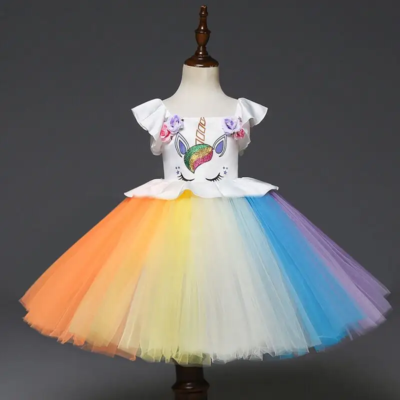 Girls Unicorn Kids Skirt Hand-stitched Colorful Mesh Princess Dress Holiday Party Dress