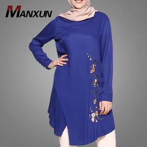 New Model Islamic Clothing Hand Embroidery Muslim Tunic Tops Long Sleeves Loose Round Collar Navy Blue Women Blouse