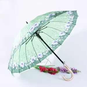 Hot Sell Cheap 16 Ribs Long Handle Satin Fabric Straight Umbrella