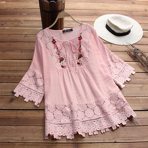 เสื้อครอปท็อปผู้หญิง ไซส์ S-5XL ผ้าลูกไม้ถักโครเชต์ สไตล์วินเทจ แขนบาน แต่งลายปัก ปะติดปะต่อ เหมาะสำหรับใส่ทำงานหรือลำลอง - Product Image 4