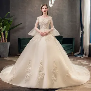 De Lujo Champagne Color elegante de encaje decorar boda vestidos Turquía Estambul cola larga bola vestido boda Vestido