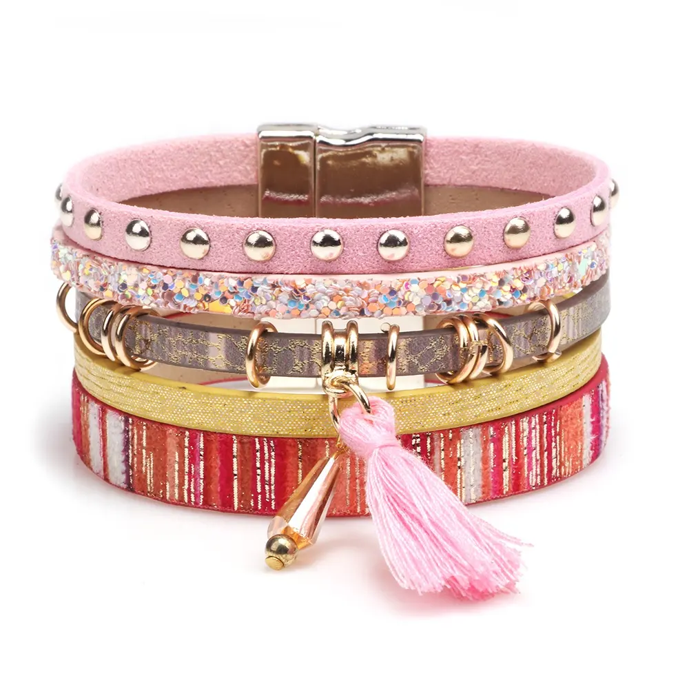Bohemia Women Pink Multilayer Leather Magnetic Bracelets with Tassels