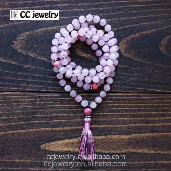 Collier bouddhiste noué en quartz Rose, bijou de perles, avec pompon, 108, 8mm
