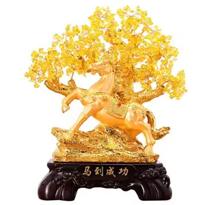 Gouden Paard Standbeeld Natuurlijke Citrien Kristal Geld Boom Decoratie