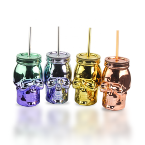 16 OZ Electronic Plated Plastic Skull Mason Jar Mug Novelty Drinking Tumbler Cup with Lid and Straw for Halloween Party