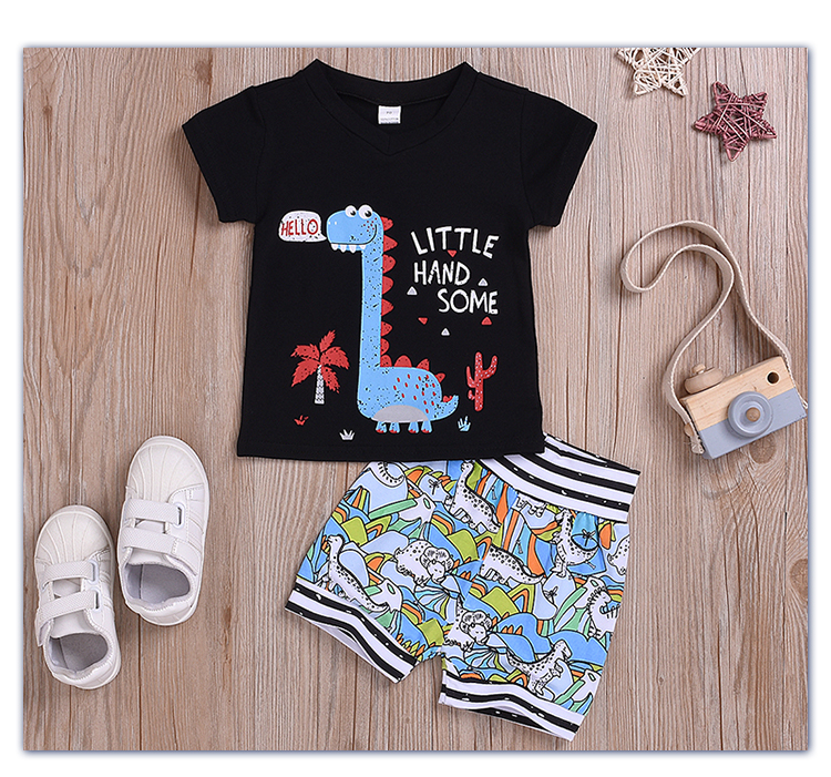 Детская одежда для мальчиков летние милые хлопковые шорты с принтом динозавра с коротким рукавом комплект