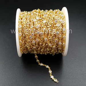 WT-BC081 Wholesale 24k Real Gold Electroplated Brass Chain With Zircon Bead Charm Brass Chain For Jewelry Supply