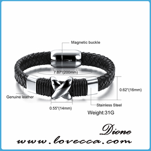 Véritable bracelet en cuir hommes en acier inoxydable en cuir tresse Bracelet avec boucle magnétique claps pulseiras masculina - Product Image 6
