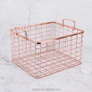 Wholesale Rose Gold Rectangle Wire Organizer Basket Handles Home Kitchen Storage Steel Metal Type Clothes Other Household Items