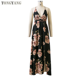<span class=keywords><strong>Abito</strong></span> lungo estivo TONGYANG <span class=keywords><strong>abito</strong></span> con stampa floreale da donna scollo a v senza maniche cinturino per Spaghetti <span class=keywords><strong>abito</strong></span> lungo Sexy con spacco laterale senza schienale - Product Image 3