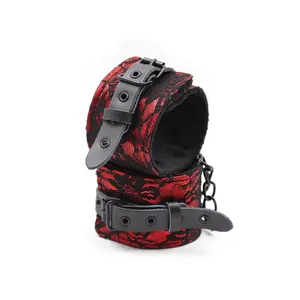 Lockable Red Lace And Leather Mature Fetish BDSM Wrist and Ankle Restraints Submissive Bondage Hand Cuffs