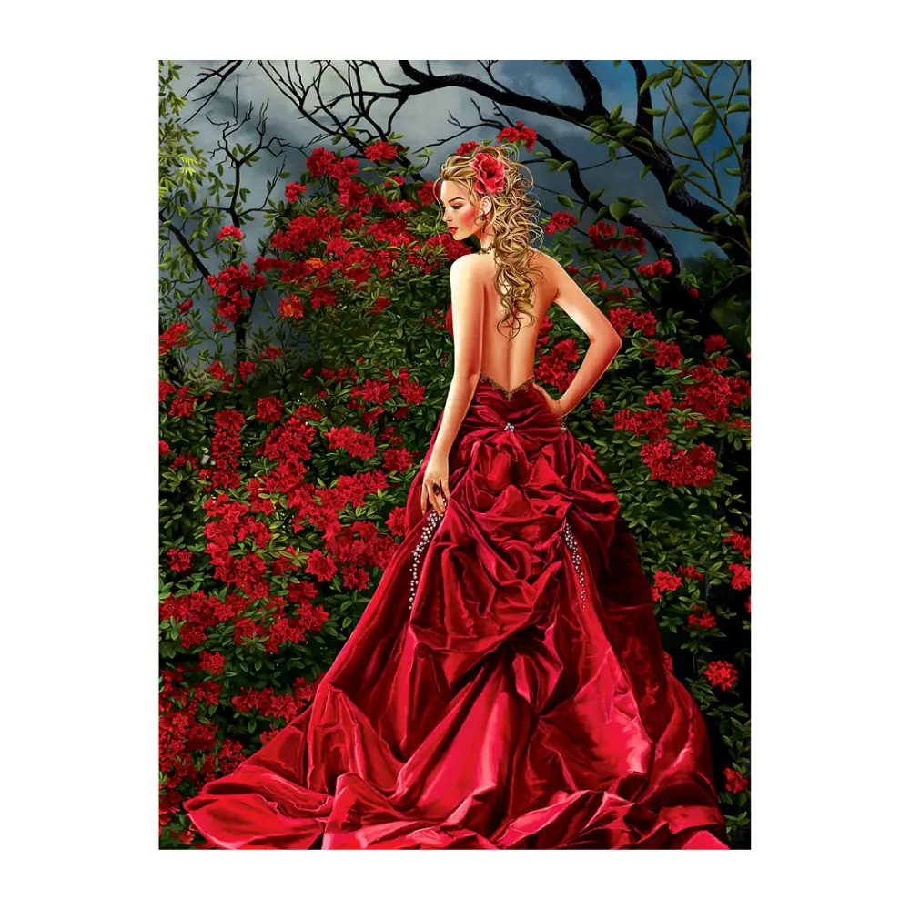 전체 라운드 다이아몬드 페인팅 섹시한 여자 착용 빨간 드레스 장미 소녀 DIY 자수 아트 하우스 장식 DP279