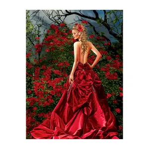 Pintura de diamante redondo completo, ropa de mujer Sexy, vestido rojo, rosa, niña, bordado DIY, arte, decoración de Casa DP279