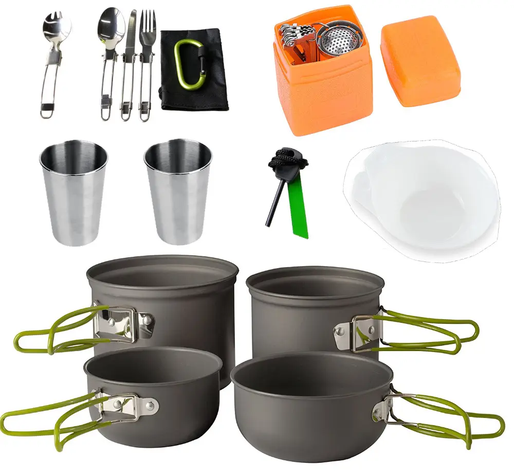 Camping Cookware Mess Kit Backpacking Gear & Hiking Outdoors Bug Out Bag Cooking Equipment Cookset