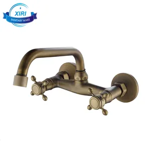 Wall Mounted Dual Handle Antique Brass Basin Faucets Dual Hole Tap Mixer For Bathroom XR0526