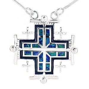 Placcatura del Rhodium 925 Sterling Silver Gerusalemme Gioielli Blu Opale Ciondolo Croce - Product Image 1