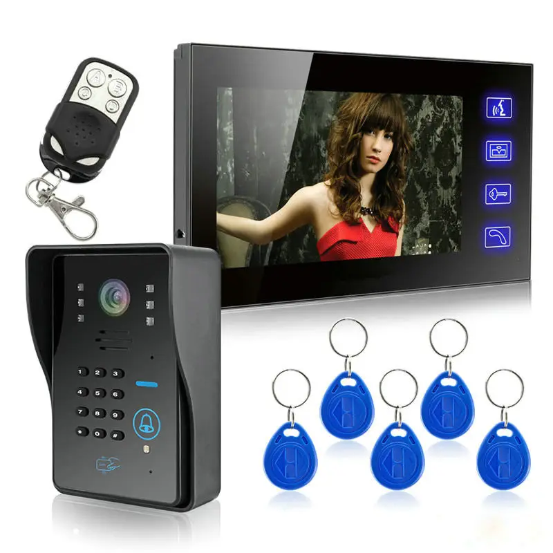 Wired Touch Key 7" Video Door Phone Intercom System 1 RFID Keypad Code Number Doorbell Camera 1 Monitor