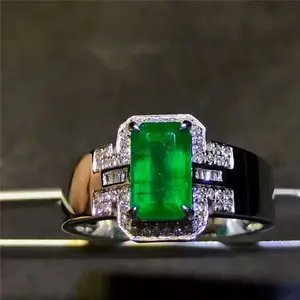 原装产品低价皇家绿色方形石材金戒指设计男士石材金戒指
