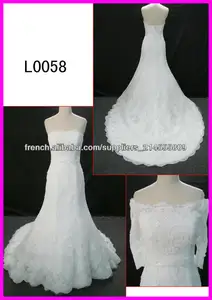 2014 real guangzhou filet bretelles luxe dentelle slim a-ligne/robes de mariée robe de mariée avec large épaule/boléro L0058