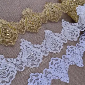 Pearl Beaded & Sequin Bridal Lace Trim for wedding sewing craft white and golden wide:12cm