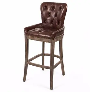 Rustic Lodge Antique Leather Tavern Bar Stool with Oak Wood Legs