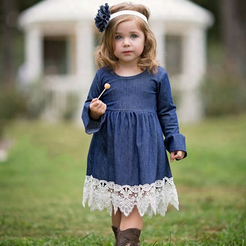 Robe en jean à manches longues pour fille, vêtements avec dentelle
