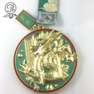 Chinese Supplier Chinese Souryu Metal Medals Gold Dragon Medal with Ribbon Lanyard Souvenir Guardian Angel Medallion