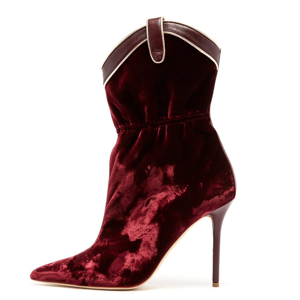 Burgundy Velvet Ankle Boots Pointed Toe High Stiletto Heel Booties Women Shoes Ladies Curved Top Short Boots China Supplier 2018