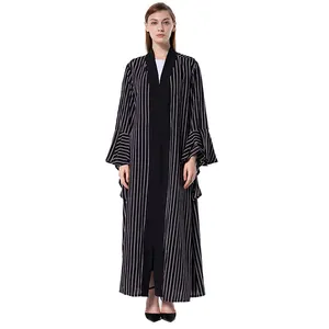 Hot Lange Mouwen Wit En Zwart Gestreepte Kimono Jurk Moslim Etnische Kleding Stof Modest Pakistan Abaya