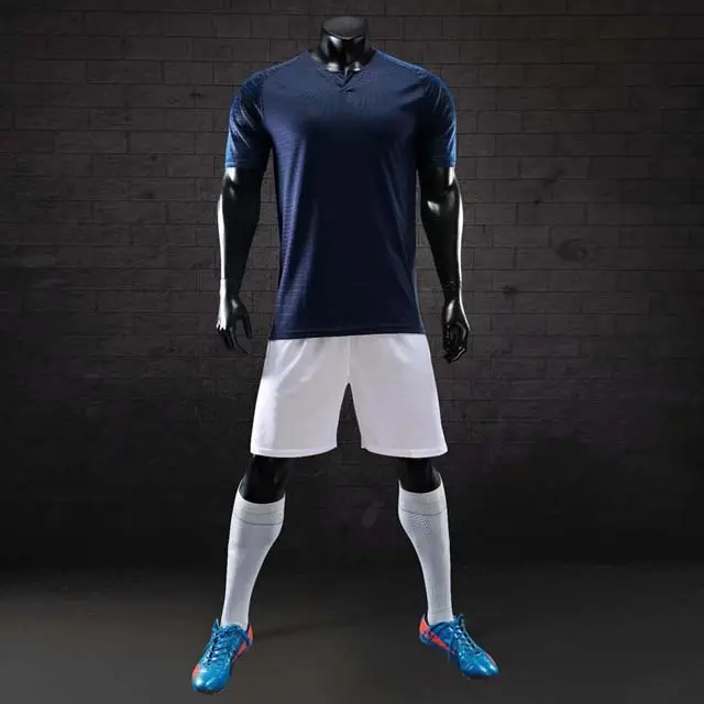Nieuwe ontwerp voetbal jerseys in voetbal slijtage donkerblauw sport suit custom team uniform voetbalshirts
