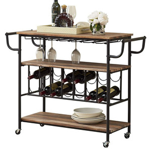 <span class=keywords><strong>Chariot</strong></span> en bois de style rustique industriel pour la cuisine, porte-bouteilles à vin long et large pour 14 bouteilles, accessoire ménager - Product Image 1