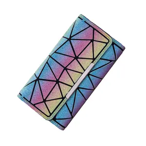 Cartera de lentejuelas de arco iris de alta calidad para mujer, monedero luminoso de tres pliegues, cartera reflectante con holograma geométrico a la moda